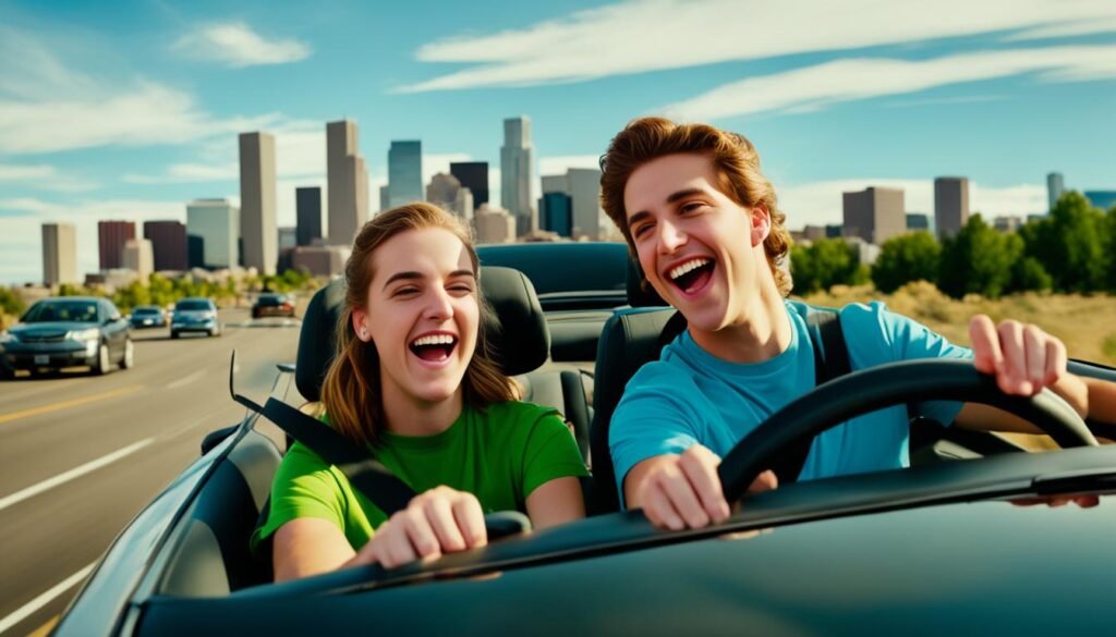 Teenagers driving car